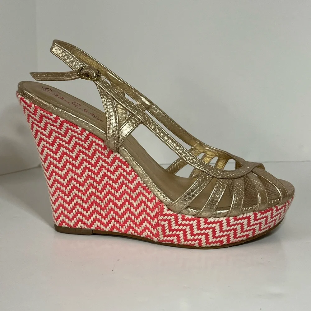 Lilly Pulitzer Sophie Pink and Gold Chevron Slingback Open Toe Strappy Wedges 6M